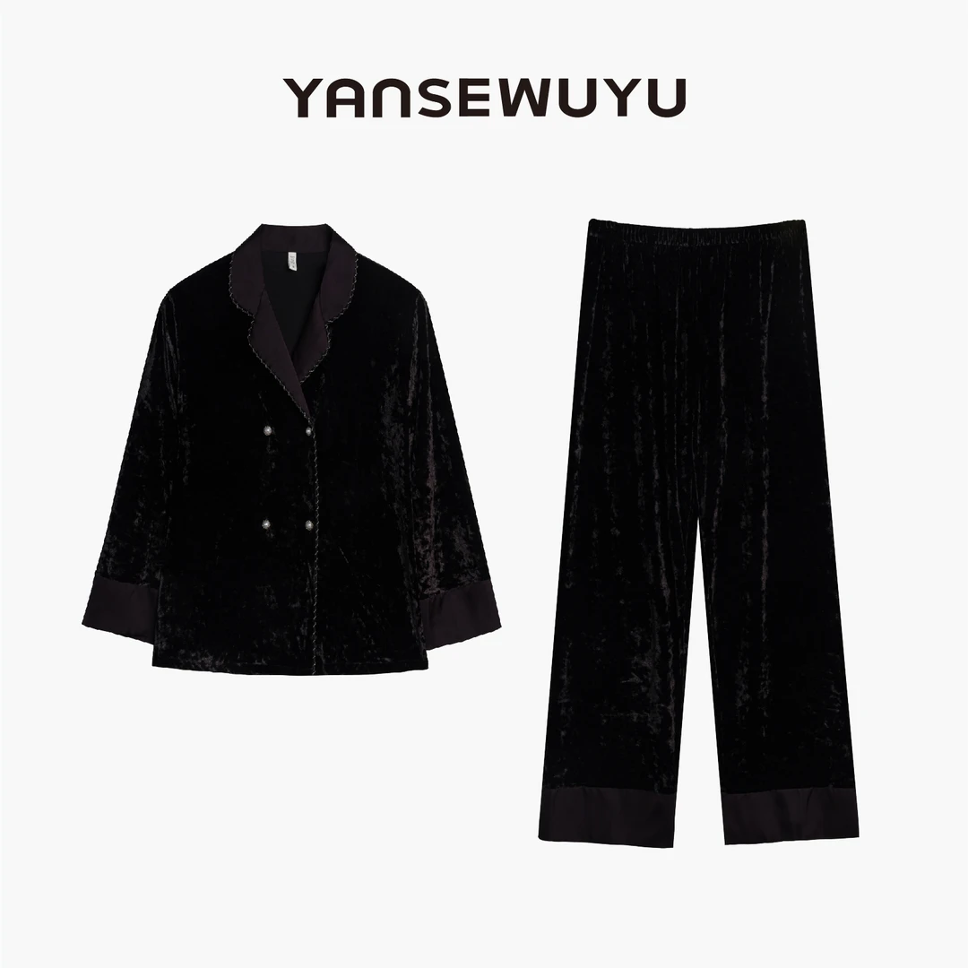 妍色物语【英伦小香】双排扣小香风亮黑色长袖套装睡衣金钻绒家居服