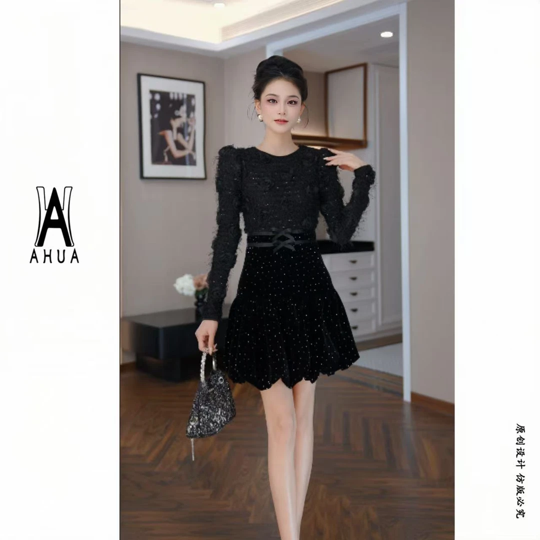 【花花原创】秋季连衣裙显瘦黑色圆领A字裙修身名媛65498