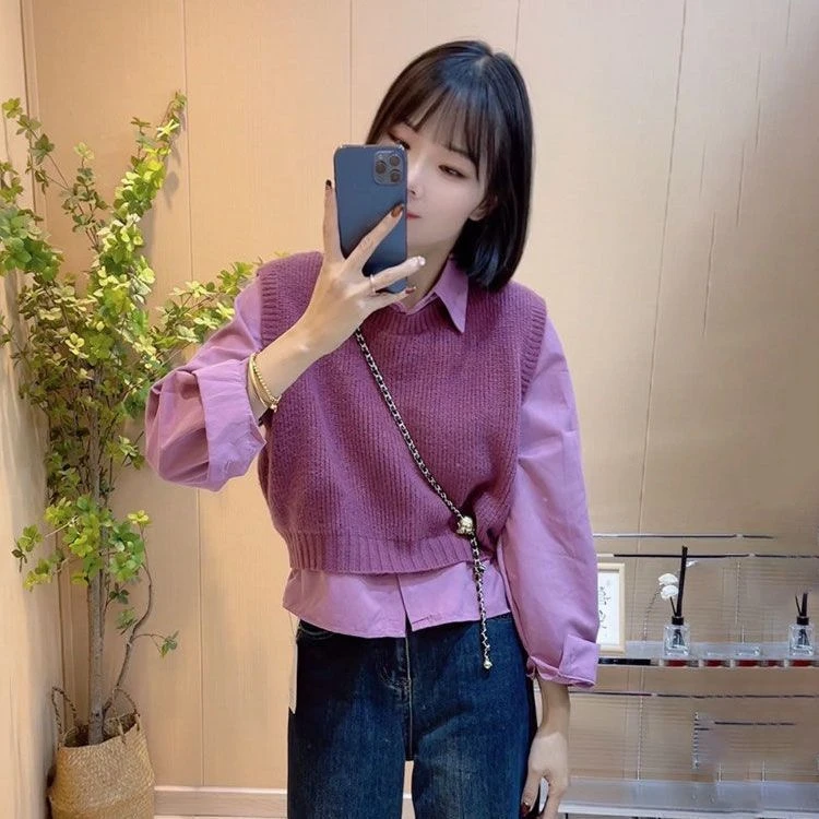 针织马甲背心女春秋2024新款宽松显瘦百搭翻领长袖衬衫两件套