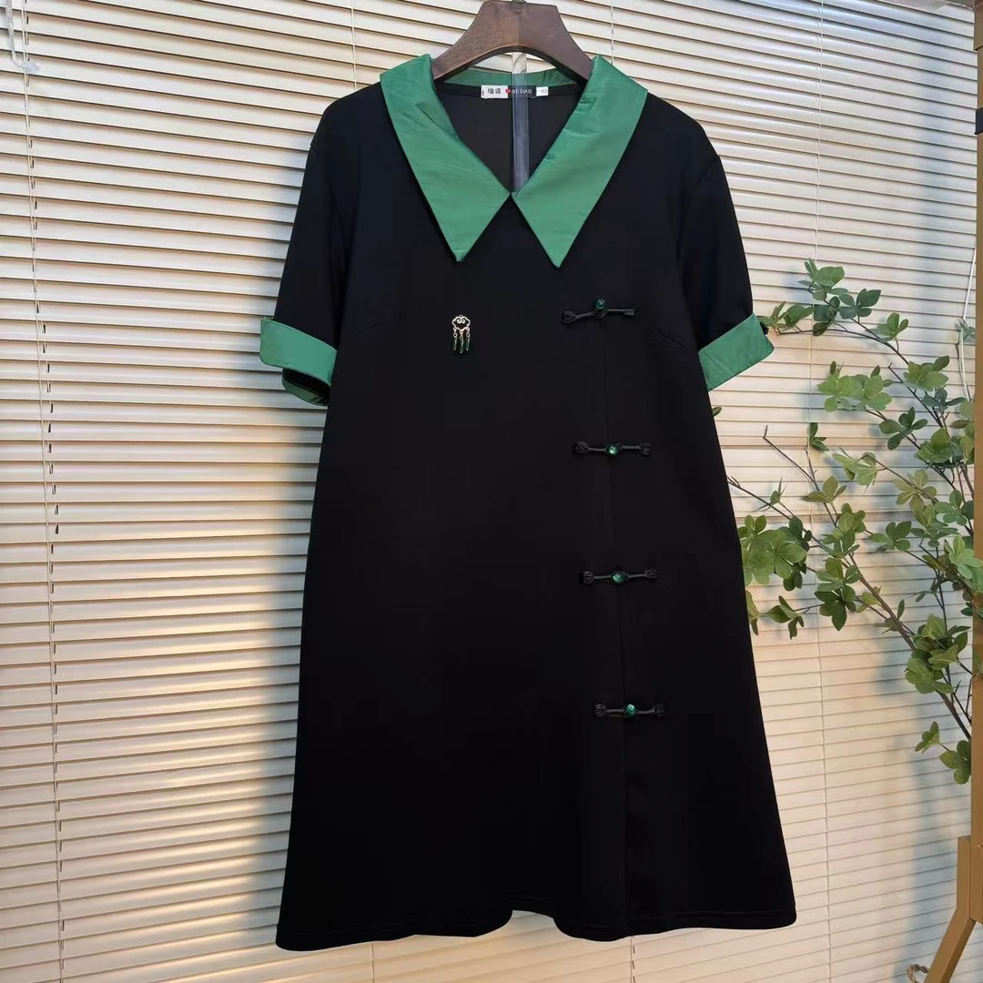 连衣裙女秋冬2025新款时尚翻领斜盘扣中年拼接大码遮肚子显瘦裙子