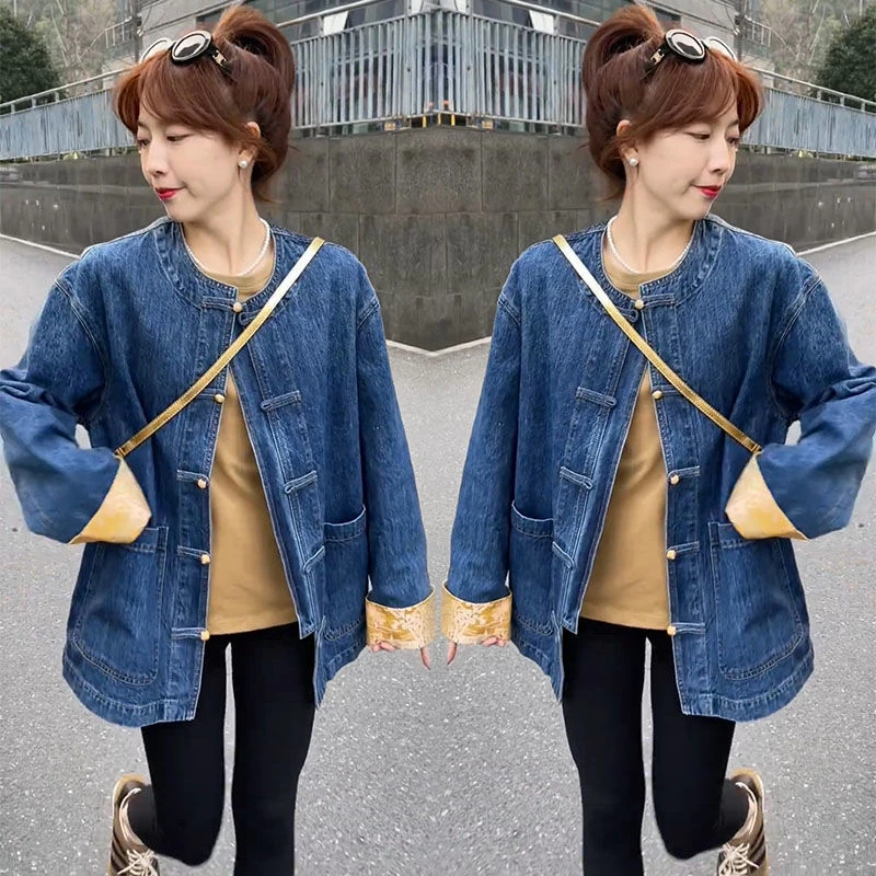 新中式国风牛仔外套女2025秋季新款时尚宽松显瘦盘扣百搭短款上衣