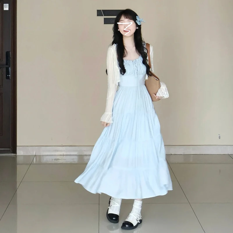 2277法式温柔风蓝色吊带连衣裙子女2024新款梨形身材甜美气质长裙