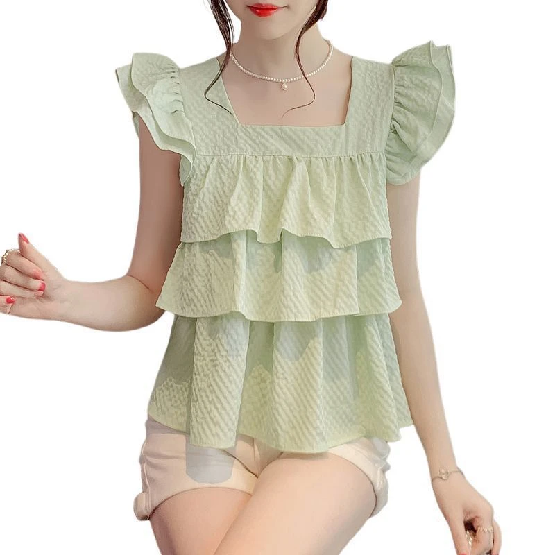 薄荷绿夏款女装肌理感短款衬衫小飞袖雪纺上衣减龄蓬蓬洋气荷叶边