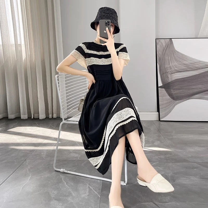 法式气质名媛黑色连衣裙夏季薄款轻熟风大码胖mm显瘦遮肉休闲裙子