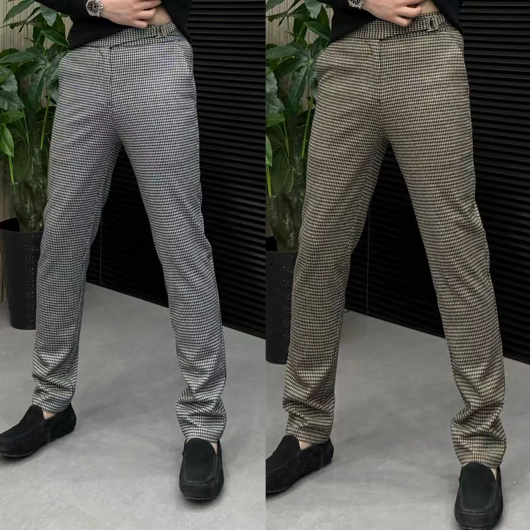 秋冬男士时尚潮流百搭修身千鸟格韩版休闲裤格纹弹力
