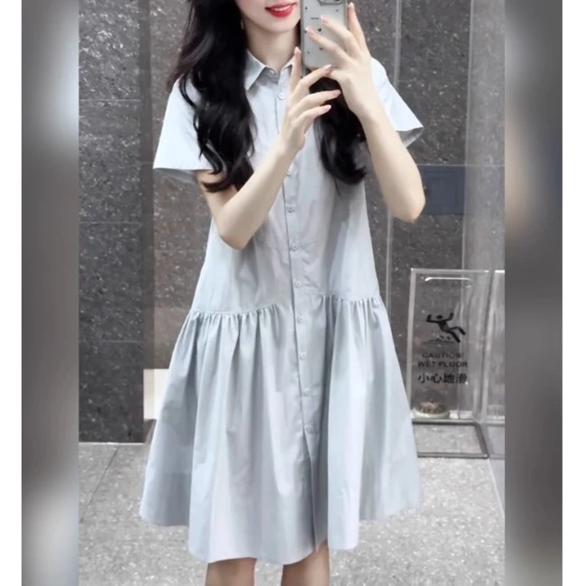 小个子超好看韩版时尚夏季短款浅蓝色连衣裙宽松遮肉显瘦休闲短裙