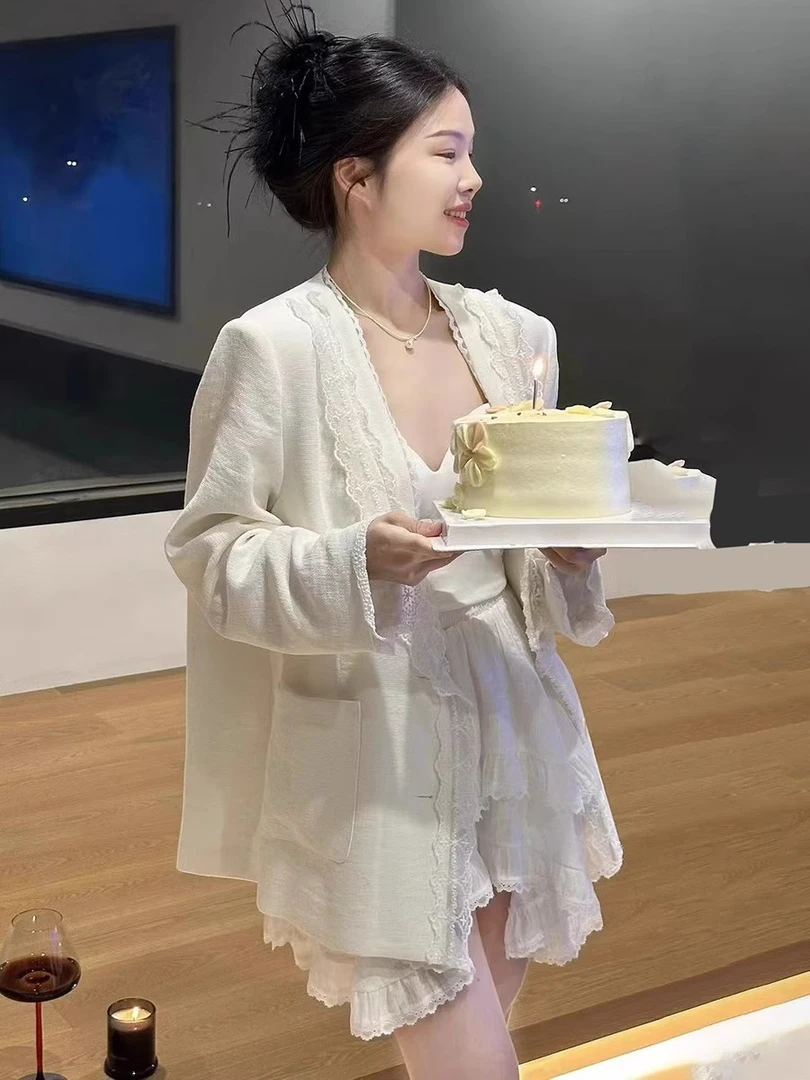 2025春季新款宽松慵懒风拼接西装长袖外套蕾丝边半身裙套装女