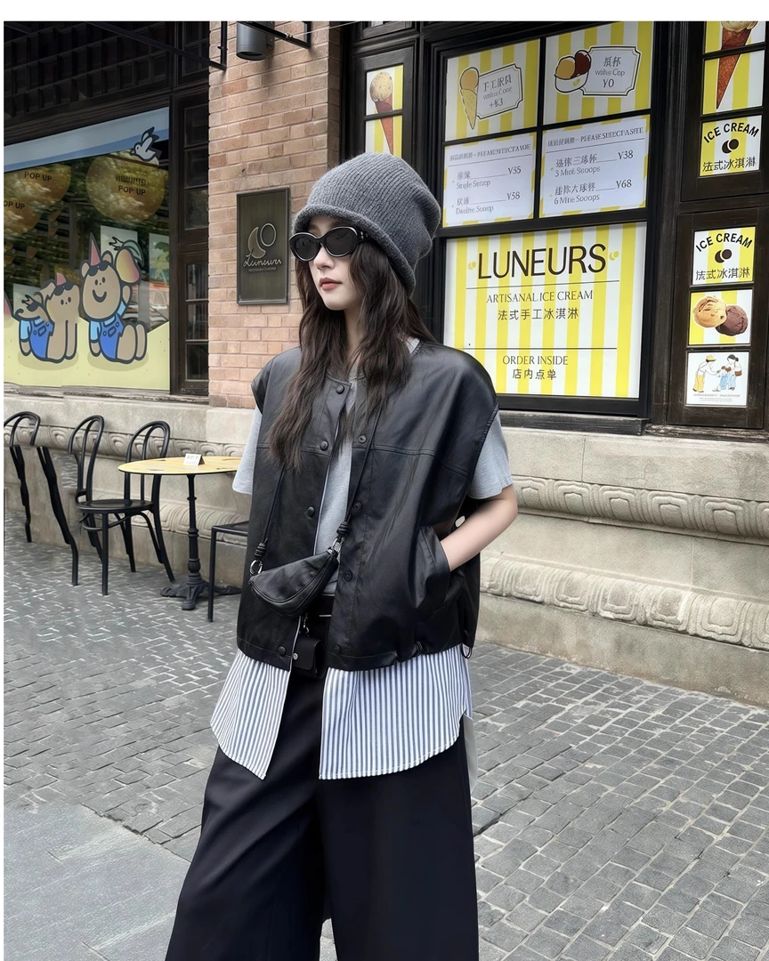 韩系假两件pu皮衣马甲外套女秋季2025新款宽松休闲条纹坎肩上衣潮