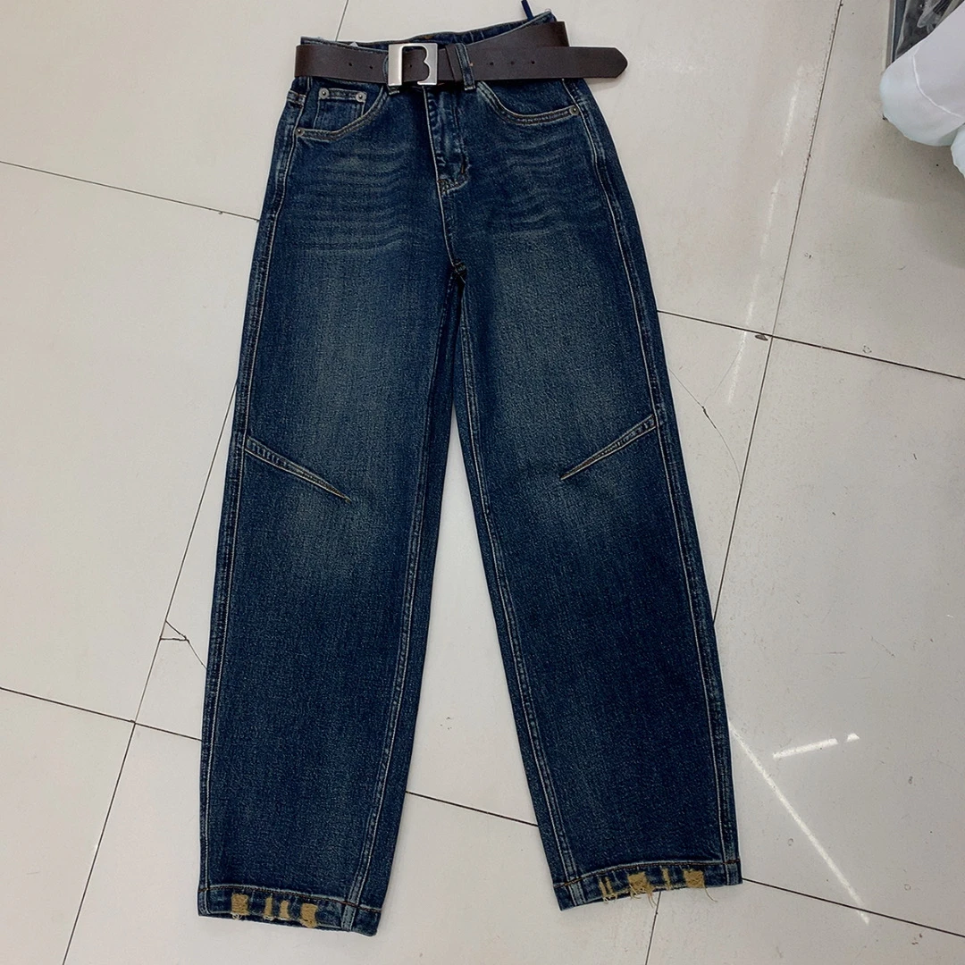 欧货时尚高腰风牛仔弯刀裤（送腰带）裤长约100厘米）牛仔裤阔腿直筒