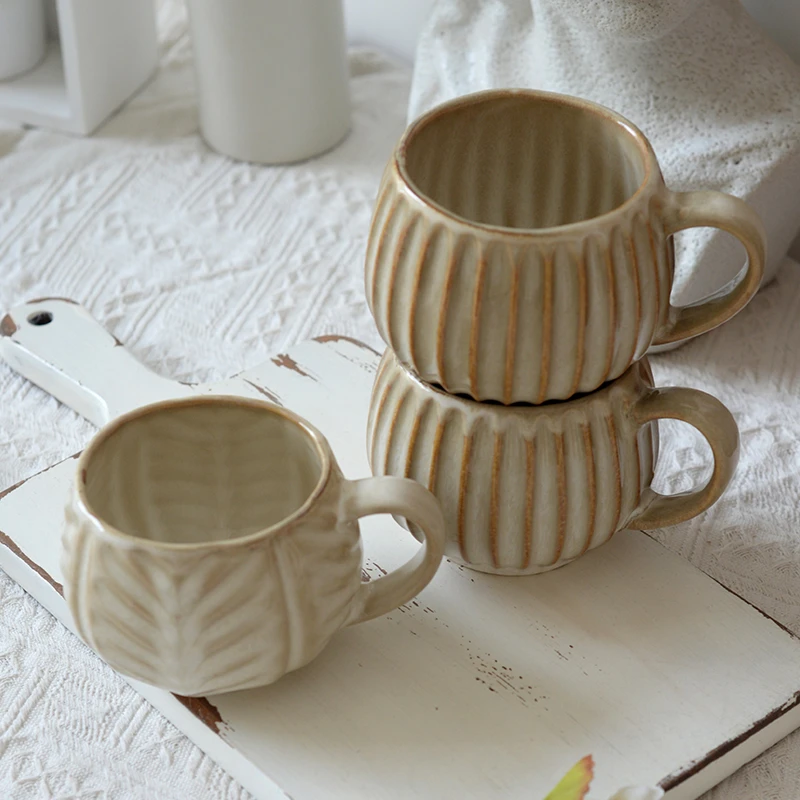 KEEPIN®复古浮雕条纹马克杯家用简约创意精致日式咖啡杯早餐杯