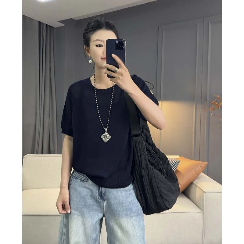 7626太谷休闲时尚百搭夏季薄款宽松短袖简约针织圆领大版上衣