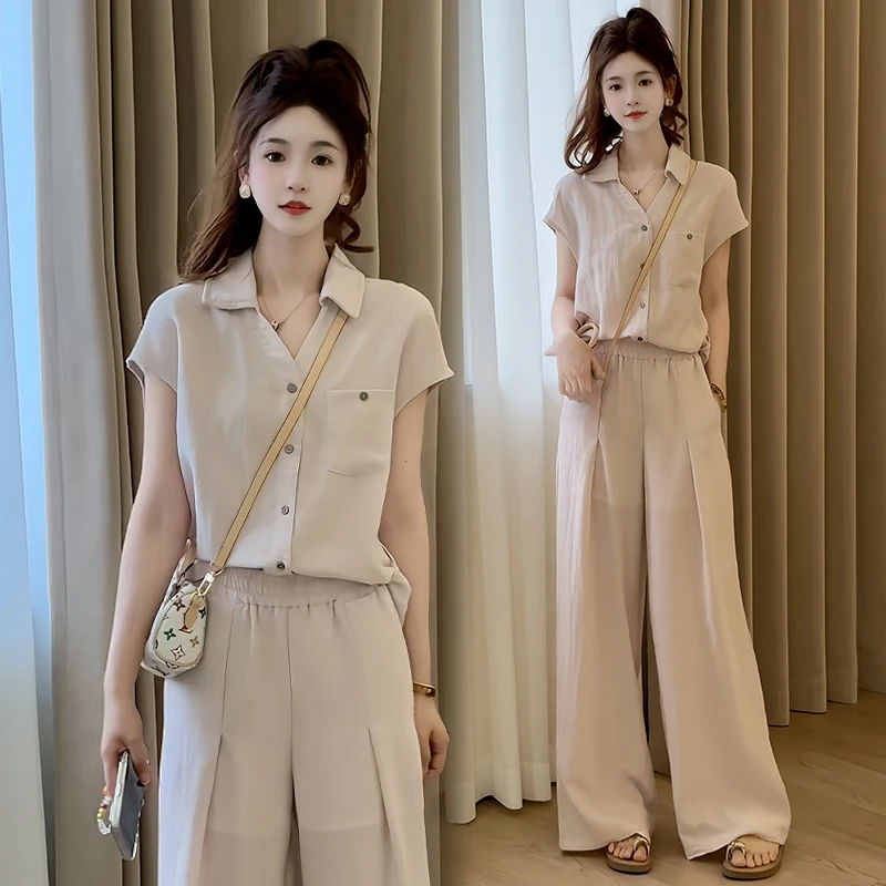 时尚法式高级感套装女2025夏季新款洋气显瘦系带衬衫阔腿裤两件套