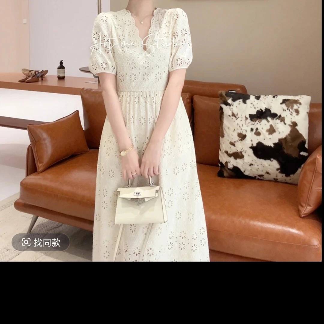 香草奶昔花边镂空半袖连衣裙蕾丝显瘦夏季气质