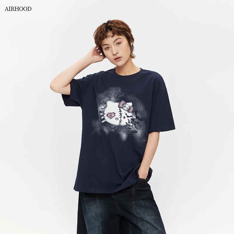 AIRHOOD抽象kitty猫印花圆领休闲短袖t恤女宽松百搭情侣上衣N5252