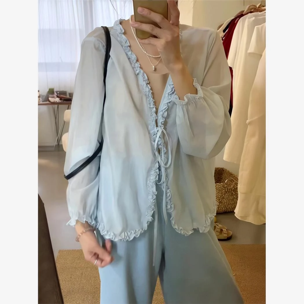 十三行女装夏季温柔木耳边V领系带薄款衬衫百搭蓝色防晒开衫外搭