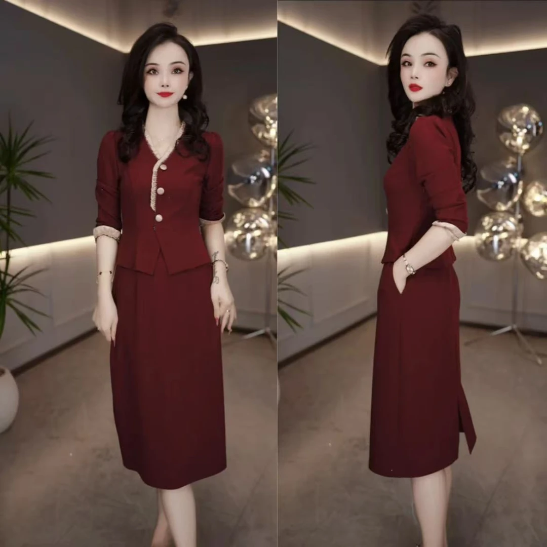 【连衣裙】早秋新款时尚气质女士修身显瘦红色优雅假两件连衣裙