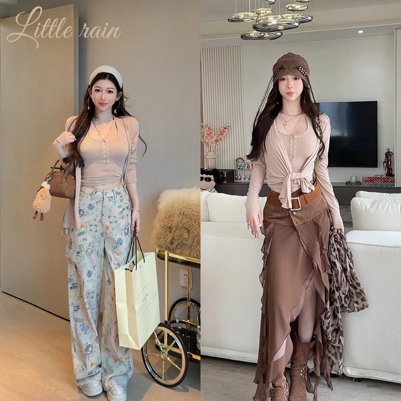 小雨姐姐秋款【欲嗲人设】纯欲性感挂脖背心+开衫两件套套装女