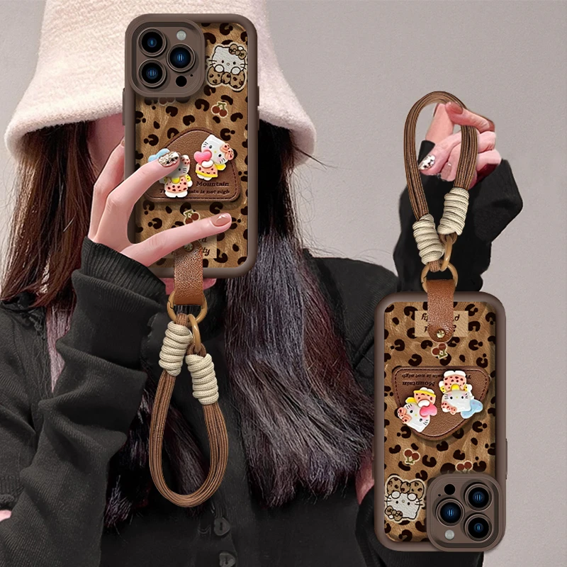 豹纹kt猫支架适用苹果16pro华为P70/OPPO/VIVO红米小米皮纹手机壳