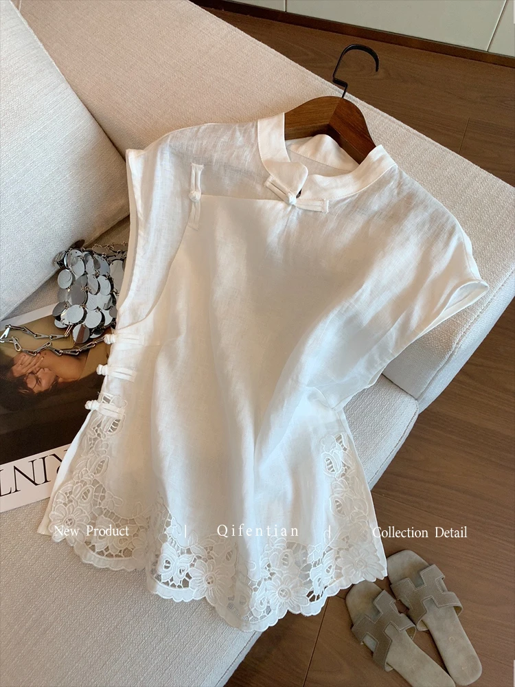 新中式国风镂空立领斜襟设计感小飞袖上衣2025夏季新款绝美小衫潮