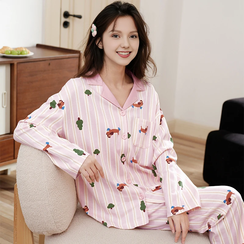 芬腾女睡衣翻领开衫春季新款长袖女款可爱休闲条纹家居服套装