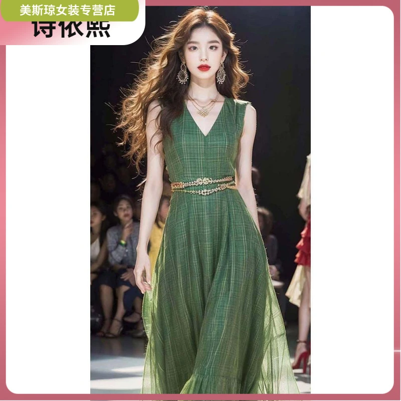 ll1薄荷曼波风绿色格子连衣裙无袖茶歇法式长裙子夏季女装2024ll