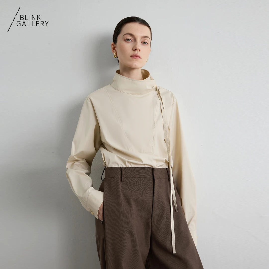 BLINK/ 不规则高领衬衫系带气质上衣通勤休闲气质立领秋日本面料
