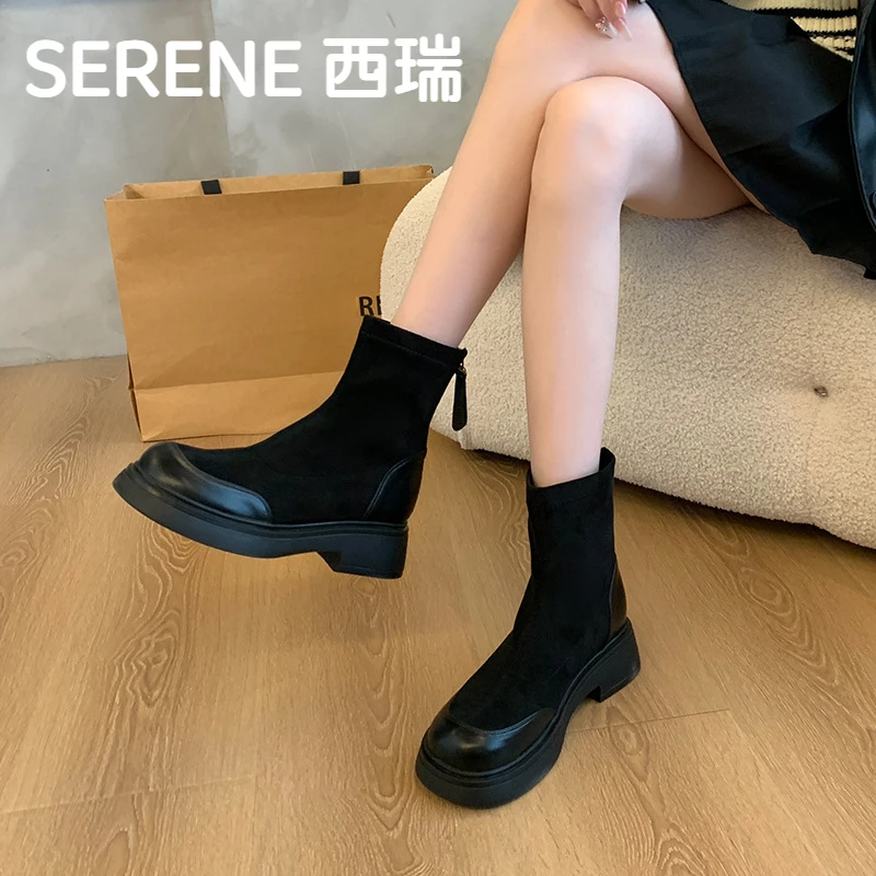 西瑞秋季复古中筒马丁靴明星同款百搭鞋子洋气短靴阔腿裤必备鞋