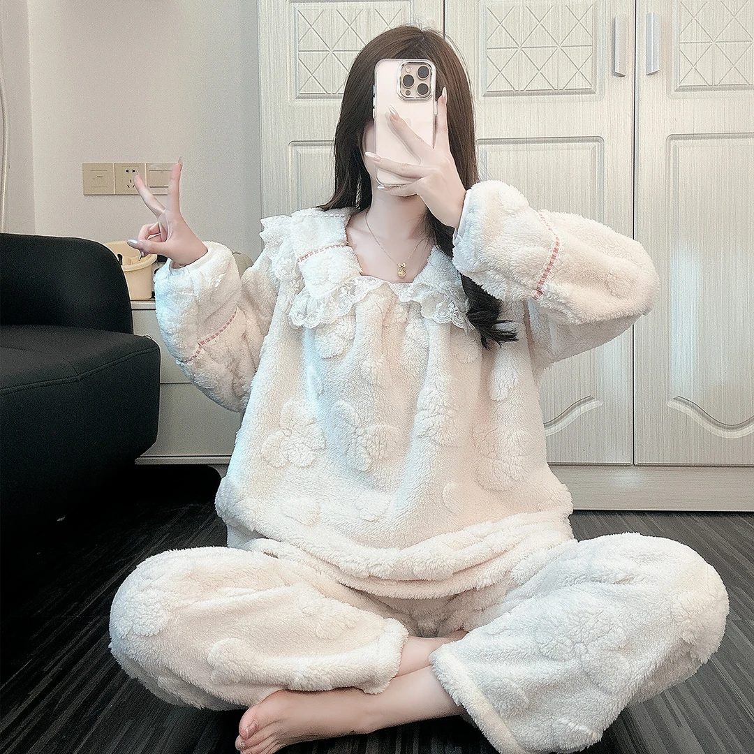 娃娃领睡衣女秋冬2025新款可外穿少女珊瑚绒加厚法兰绒家居服套装