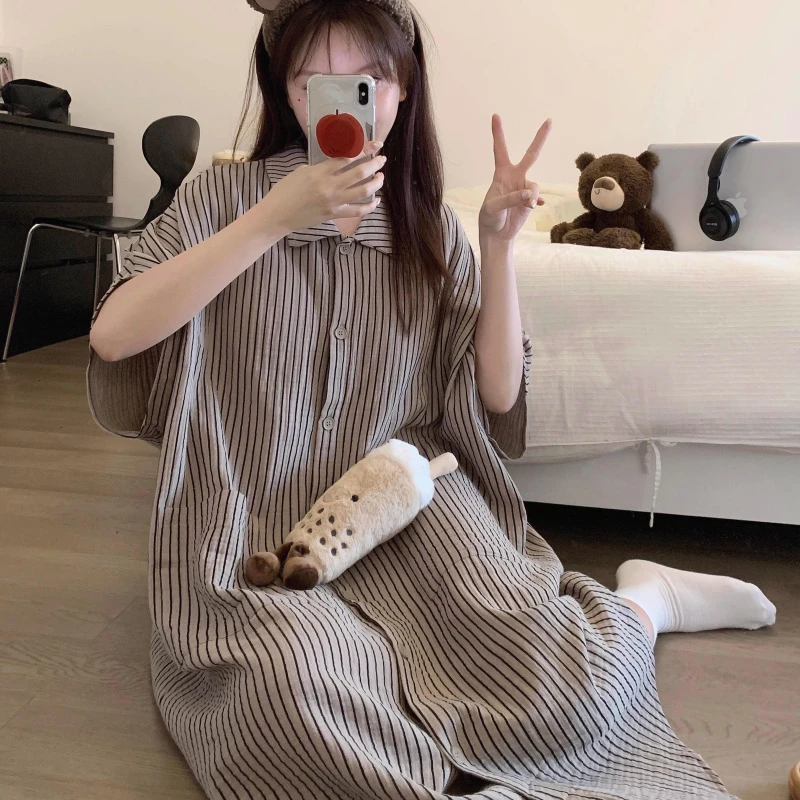 大码双层棉纱短袖睡裙女夏季2025年新款睡衣宽松春双层棉纱绉长袖