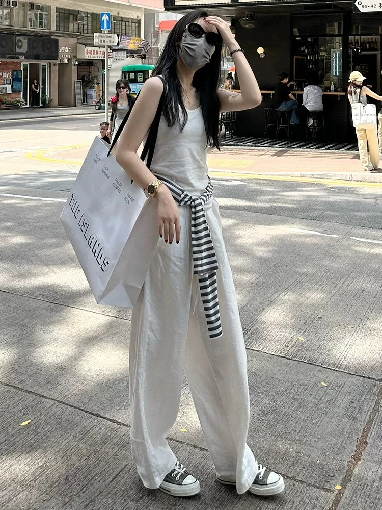 （25037夏季亚麻天丝休闲裤）高腰直筒薄款宽松宽松白色运动显瘦