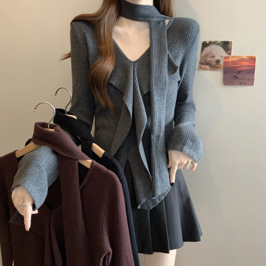 灰色不规则长袖针织衫女秋季新款设计感修身小衫上衣