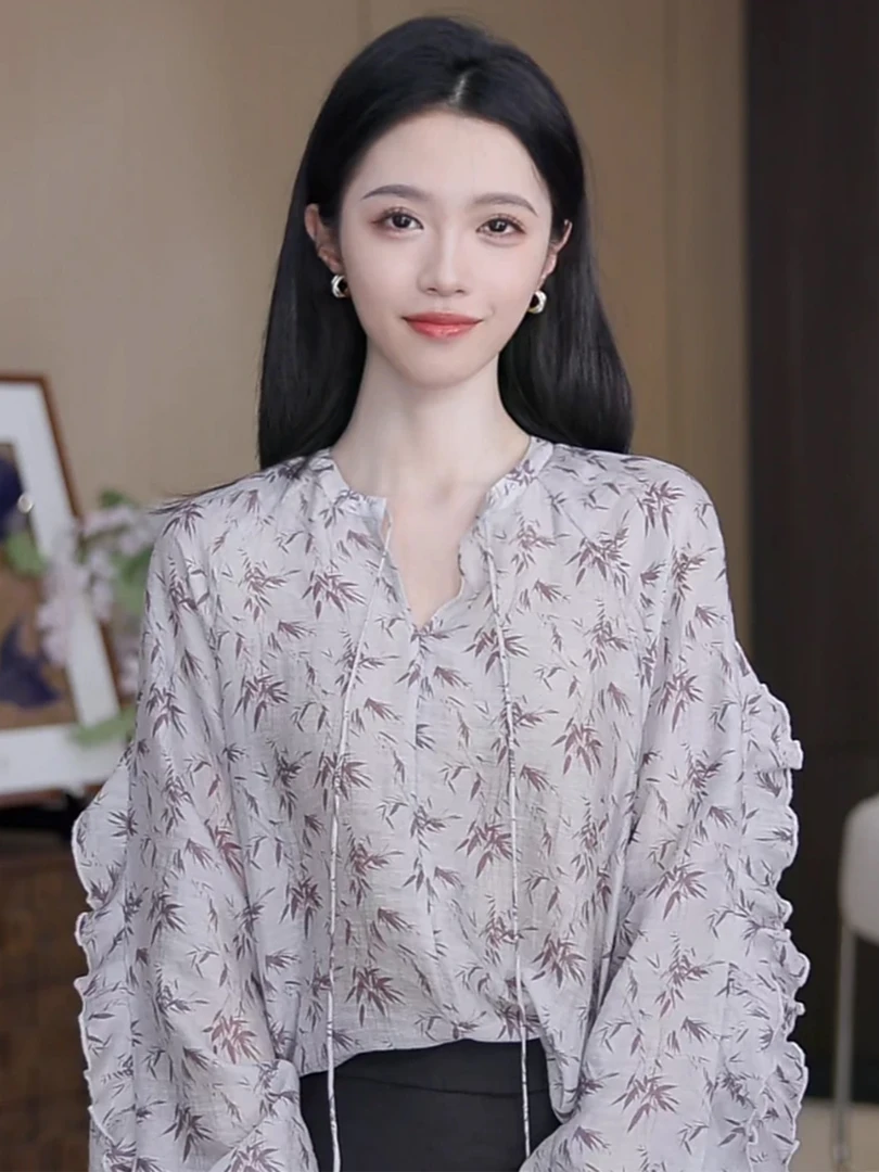 新中式国风印花防晒上衣阔太太洋气高贵气质巨好看甜美休闲衬衫夏