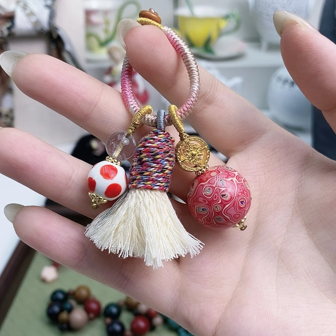 大漆圆珠流苏挂件 粉