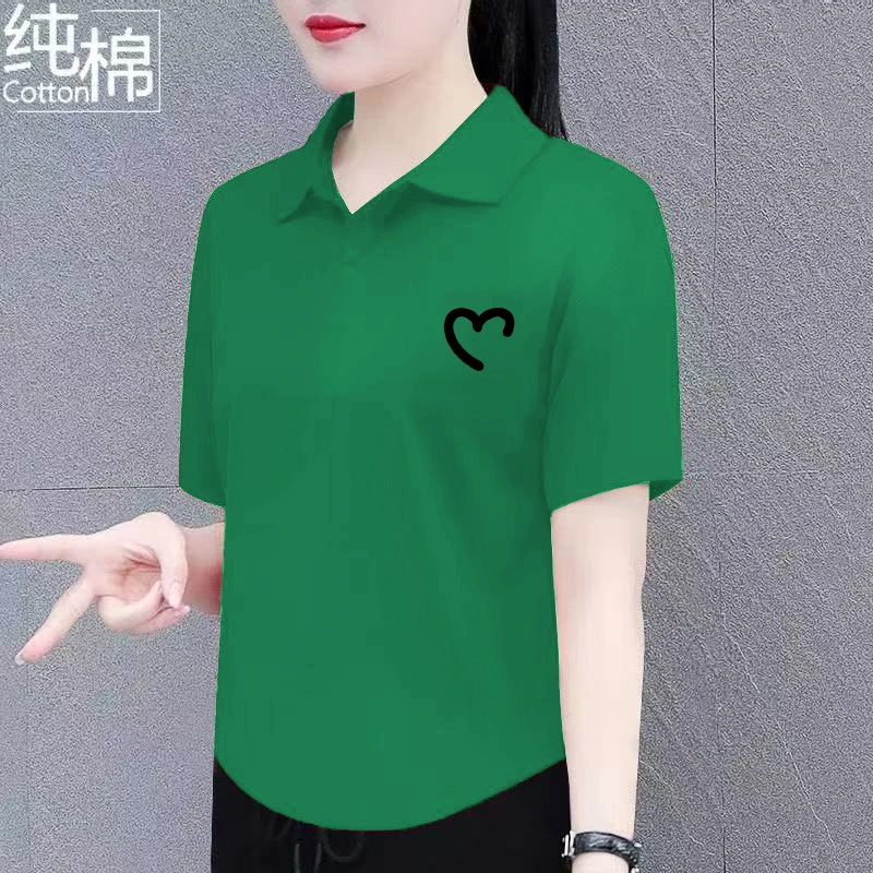 夏季新款polo衫百搭短袖休闲宽松时尚印花冰瓷棉女士上衣大码上衣