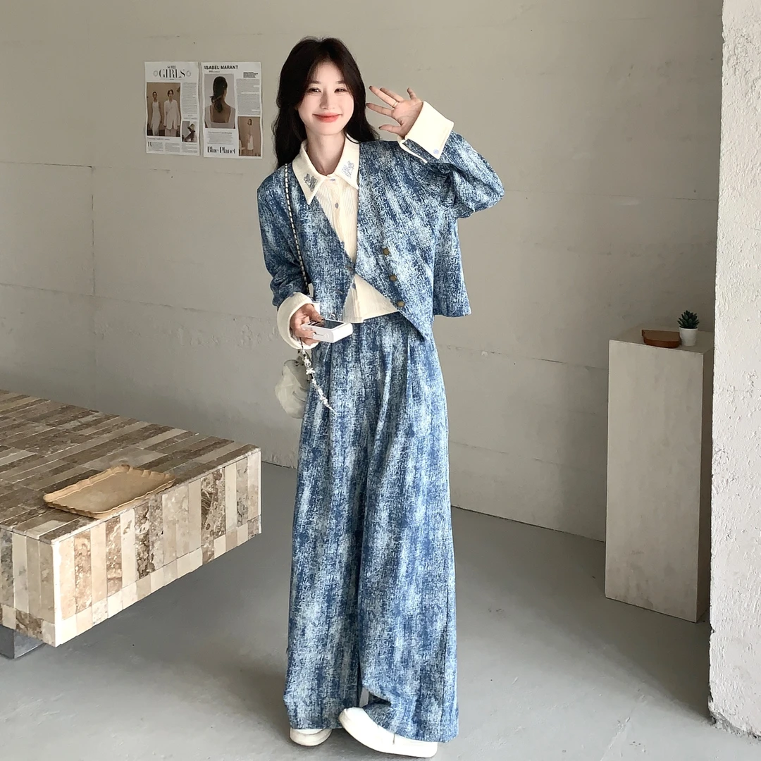 蓝色扎染牛仔时尚套装女秋2025新款设计感假两件外套阔腿裤两件套