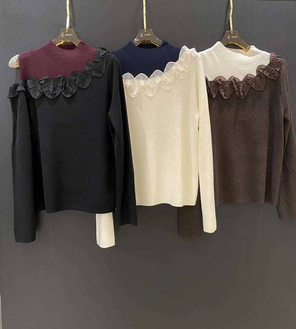 李coco甄选单侧漏肩两色拼接N6879针织打底衫