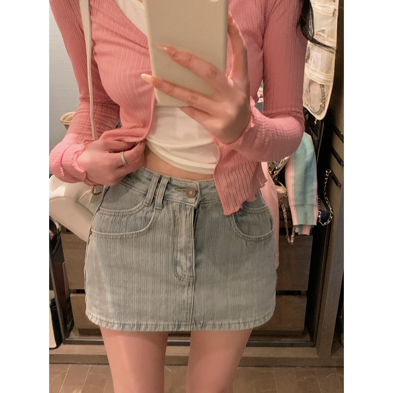 邱肉瑶 高腰显瘦小个子牛仔短裙女春季新款美式双口袋浅色半身裙