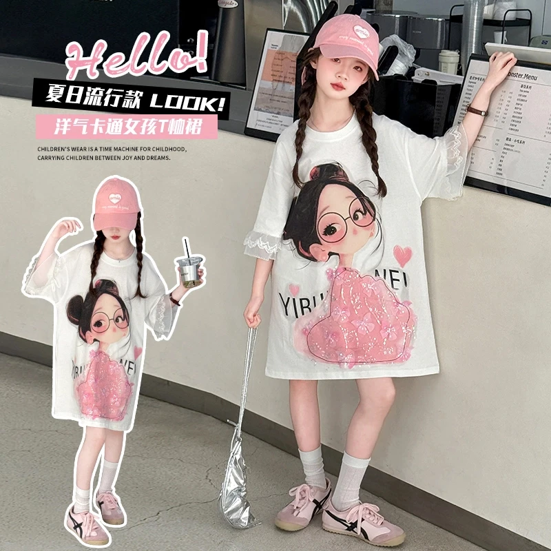 女童夏季重工艺女孩裙T恤2025中大童长款宽松高级花边袖蕾丝T恤