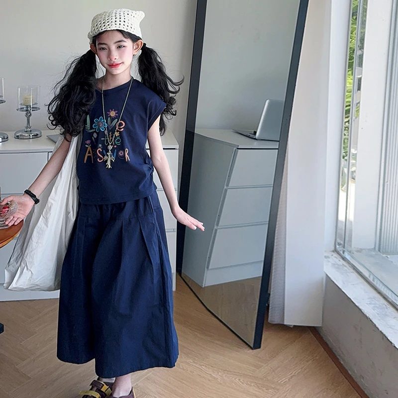 女童夏款网红时髦短袖阔腿裤套装女大童韩系炸街T恤裙裤两件套潮9