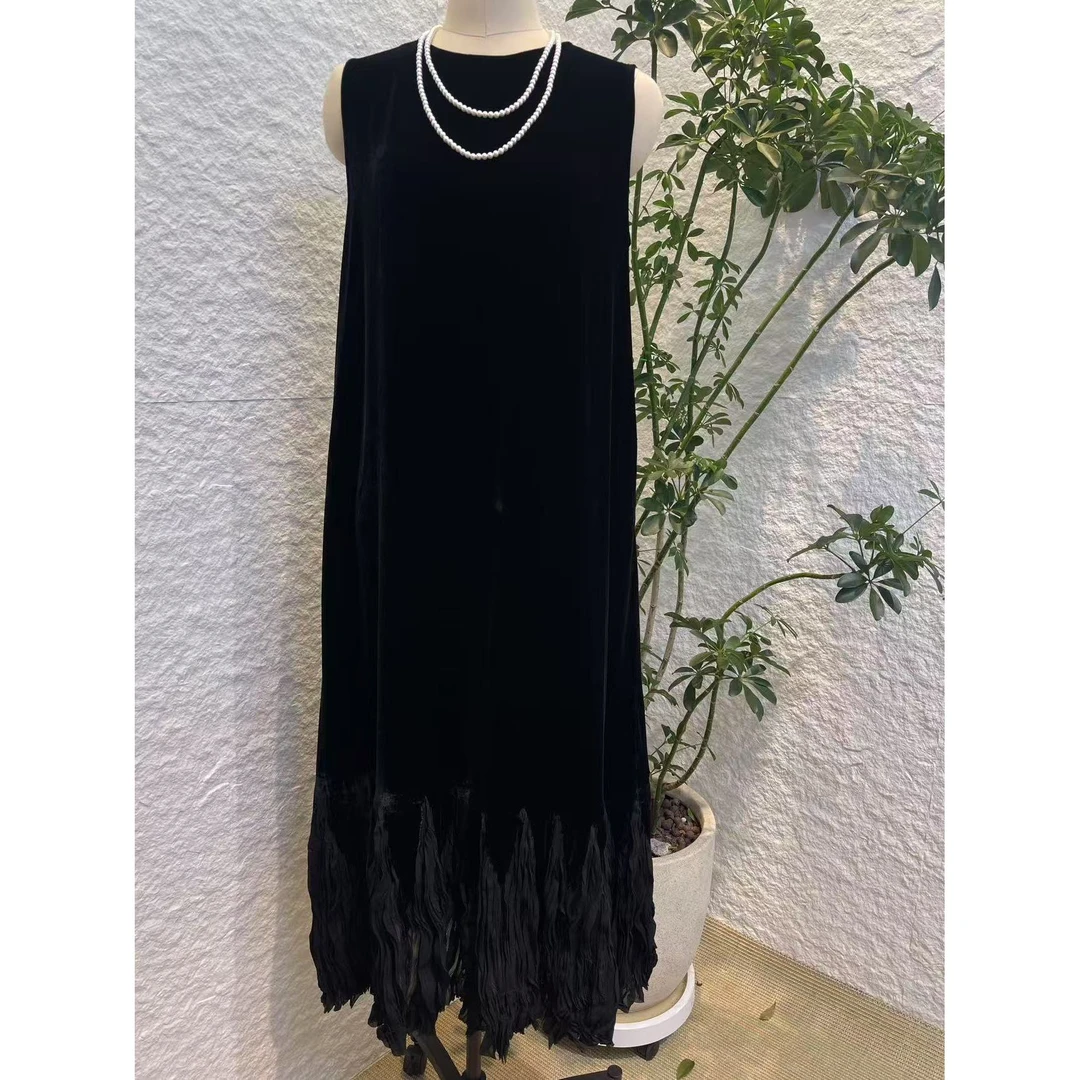 Mozch  真丝丝绒柔软下摆拼手工褶减龄连衣裙【长120】D666