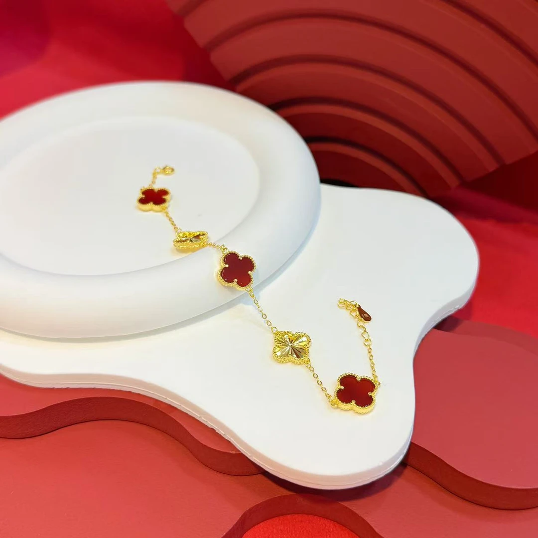 足银镶嵌玉髓四叶草手链HNZ12784