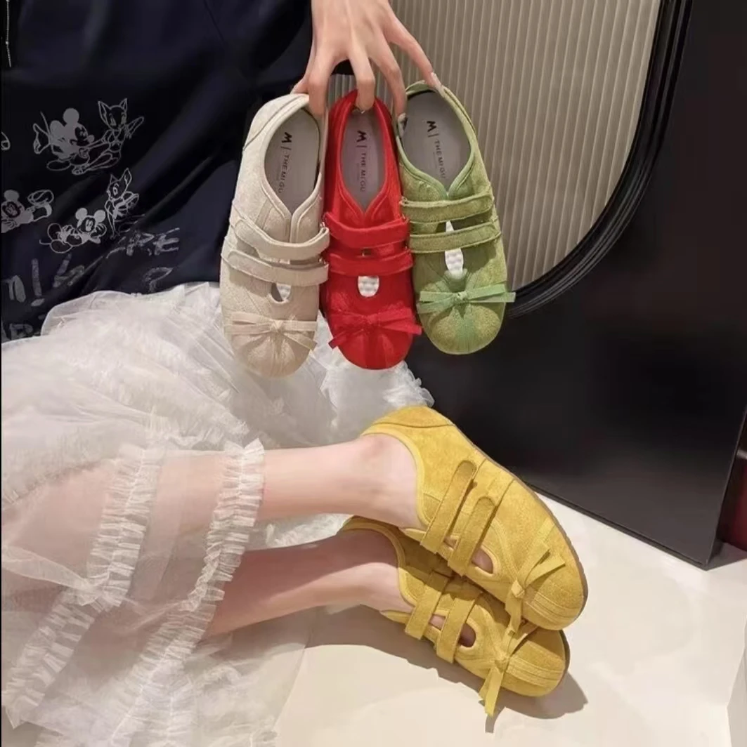 2025欧货软底德训鞋女春季新款蝴蝶结平底百搭魔术贴浅口芭蕾舞鞋