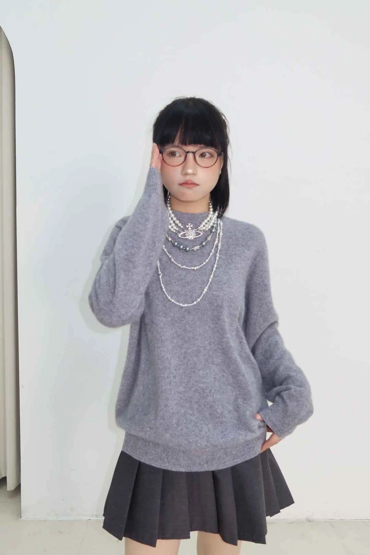 全羊绒【短拉毛系列】半高领针织宽松纯色长袖无缝一体拉毛羊绒衫