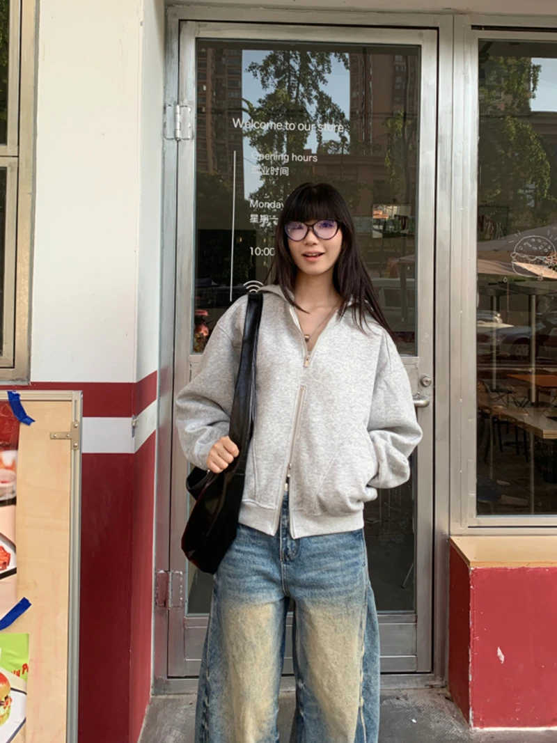 欧美街头嘻哈纯色宽松运动不规则拉链解构连帽卫衣韩版中性风帽衫