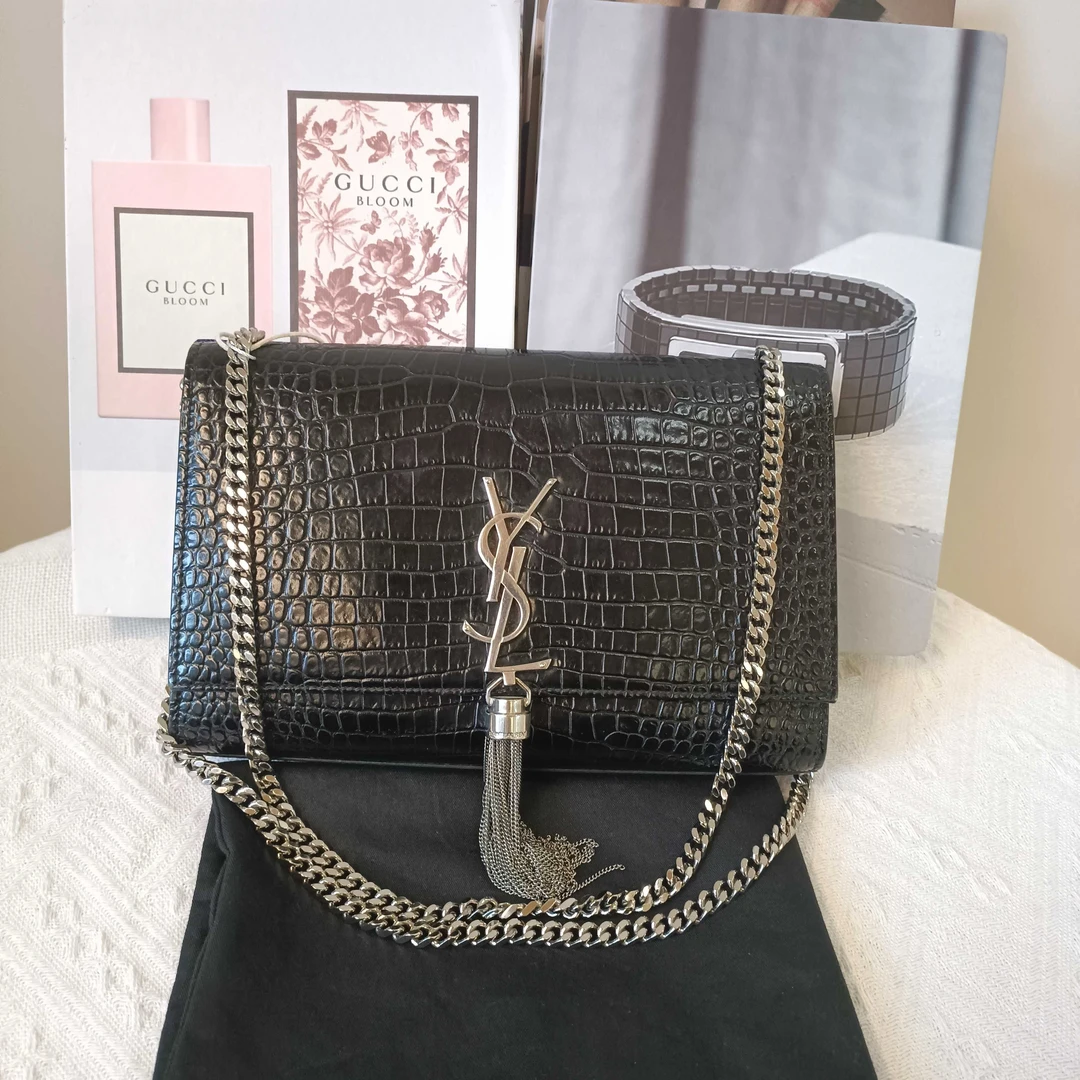 99新 YSL/圣罗兰  黑银流苏压纹kate包
