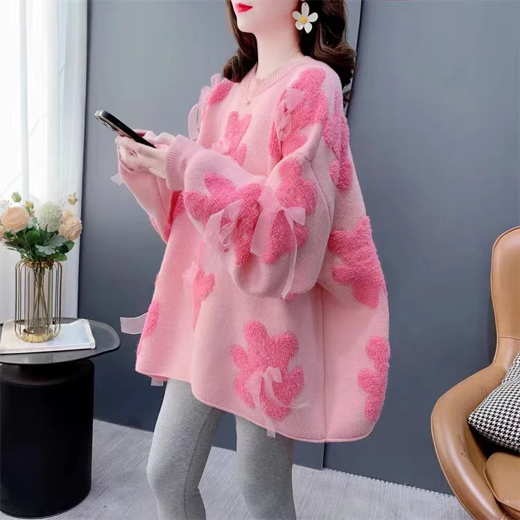 宽松慵懒风新品超好看蝴蝶结圆领加绒毛衣冬季女秋冬外穿洋气上衣