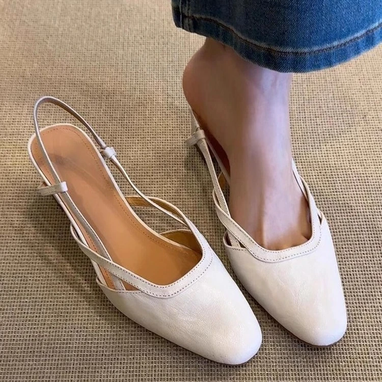 羊皮版复古包头鞋后绊带浅口外穿凉鞋时尚百搭粗跟真皮一脚蹬单鞋