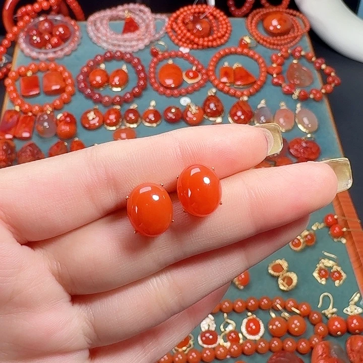 南红玛瑙银S925镶嵌耳饰12+高货