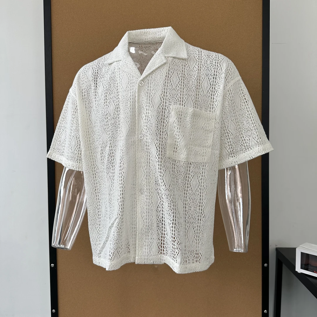 Basic annals镂空蕾丝文艺衬衫男女小众boxyfit短袖老钱风古巴领