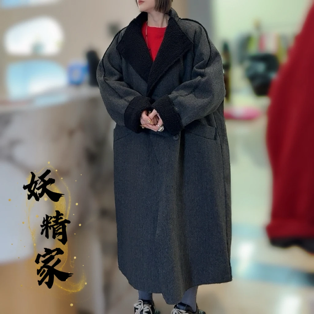5825冬季新款韩版慵懒风中长款加厚风衣外套女